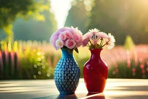 twee vazen met bloemen zittend Aan een tafel. ai-gegenereerd foto