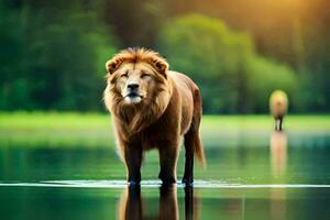 een leeuw staand in de water Bij zonsondergang. ai-gegenereerd foto
