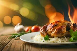 een bord van kip en pasta Aan een houten tafel. ai-gegenereerd foto