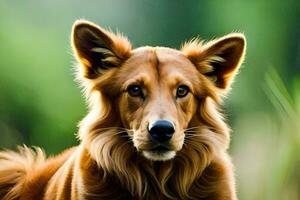 een bruin hond met lang haar- zittend in de gras. ai-gegenereerd foto