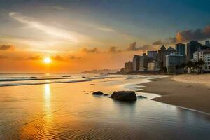 de zon sets over- een strand en stad horizon. ai-gegenereerd foto