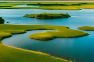 de moeras is omringd door water en gras. ai-gegenereerd foto