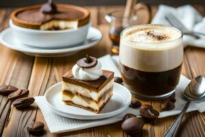 koffie en toetje Aan een houten tafel. ai-gegenereerd foto