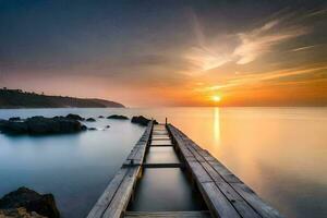 een houten pier in de oceaan Bij zonsondergang. ai-gegenereerd foto