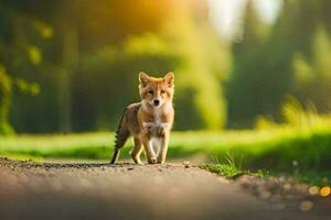 een klein hond wandelen Aan een weg in de midden- van een veld. ai-gegenereerd foto