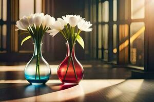 twee vazen met wit bloemen in hen Aan een houten vloer. ai-gegenereerd foto