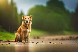 foto behang de hond, natuur, Woud, water, hond, dier, hond, dier,. ai-gegenereerd