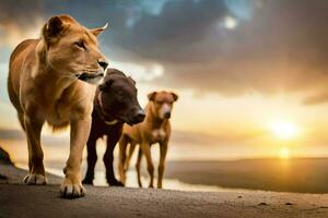 drie honden en een leeuw wandelen Aan de strand Bij zonsondergang. ai-gegenereerd foto