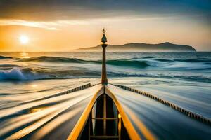 een boot in de oceaan Bij zonsondergang. ai-gegenereerd foto