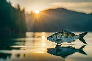 een vis is staand Aan de water Bij zonsondergang. ai-gegenereerd foto