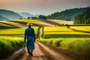 een Mens in een blauw pak wandelingen naar beneden een aarde weg. ai-gegenereerd foto