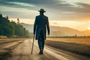 een Mens in een pak wandelingen naar beneden een aarde weg. ai-gegenereerd foto