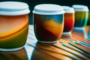 een groep van kleurrijk cups met verf borstels. ai-gegenereerd foto