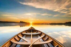 een boot Aan een meer Bij zonsondergang. ai-gegenereerd foto