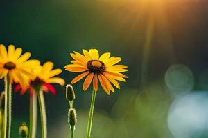 geel bloemen in de zon met een wazig achtergrond. ai-gegenereerd foto