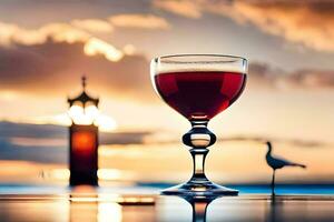 een glas van rood wijn Aan een tafel in voorkant van een vuurtoren. ai-gegenereerd foto