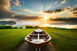 de boot Aan de meer. ai-gegenereerd foto