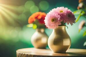 twee vazen met roze bloemen zittend Aan een tafel. ai-gegenereerd foto