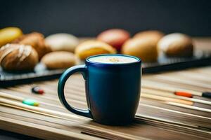 een blauw mok met een kop van koffie en een bord van donuts. ai-gegenereerd foto