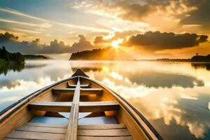 de boot is Aan de kalmte water Bij zonsondergang. ai-gegenereerd foto