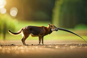 een hond met een lang staart in haar mond. ai-gegenereerd foto