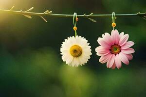 twee roze en wit bloemen hangende van een Afdeling. ai-gegenereerd foto