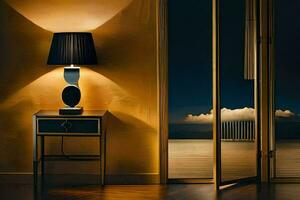 een lamp Aan een tafel in voorkant van een glijden glas deur. ai-gegenereerd foto