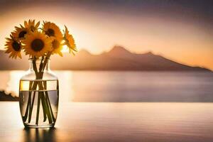 zonnebloemen in een vaas Aan een tafel met bergen in de achtergrond. ai-gegenereerd foto