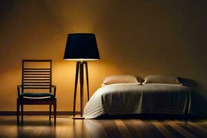een bed en stoel in een kamer met een lamp. ai-gegenereerd foto