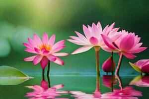 drie roze lotus bloemen zijn weerspiegeld in de water. ai-gegenereerd foto