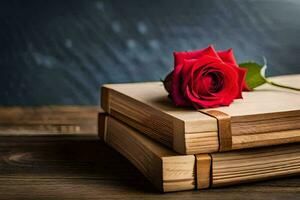 een rood roos zit Aan top van twee oud boeken. ai-gegenereerd foto