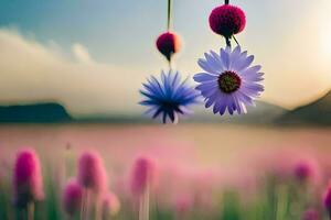 twee bloemen zijn hangende van een Liaan in een veld. ai-gegenereerd foto