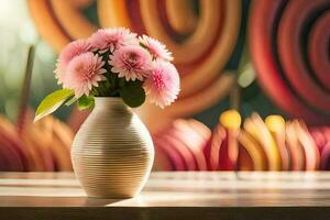 een vaas met roze bloemen zittend Aan een tafel. ai-gegenereerd foto