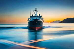 een boot op reis door de oceaan Bij zonsondergang. ai-gegenereerd foto