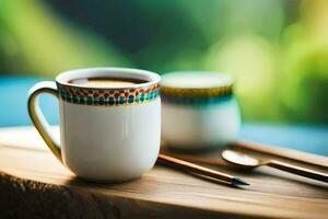 een kop van koffie en lepel Aan een houten tafel. ai-gegenereerd foto