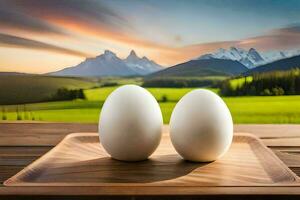 twee eieren Aan een houten dienblad in voorkant van een berg visie. ai-gegenereerd foto