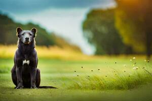 een zwart hond zittend in de gras. ai-gegenereerd foto