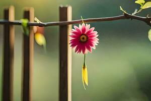 een roze bloem is hangende van een houten schutting. ai-gegenereerd foto