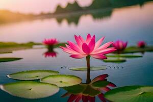 roze lotus bloem in de water met lelie kussentjes. ai-gegenereerd foto