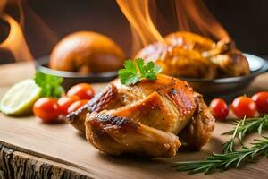 een kip is Aan een houten snijdend bord met tomaten en kruiden. ai-gegenereerd foto