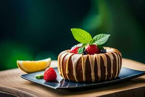 een bundt taart met bessen en munt bladeren Aan een zwart bord. ai-gegenereerd foto