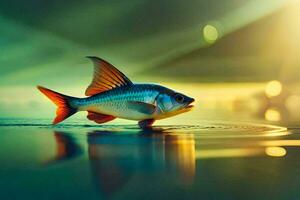 een vis is drijvend Aan de water met een helder licht achter het. ai-gegenereerd foto