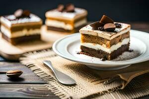 een plak van chocola taart Aan een bord. ai-gegenereerd foto