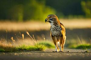 een vogel van prooi staand Aan de weg. ai-gegenereerd foto