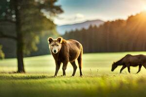 twee paarden zijn wandelen in een veld. ai-gegenereerd foto