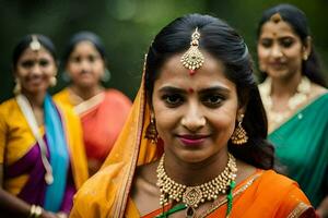 een vrouw in een Indisch sari poses met haar vrienden. ai-gegenereerd foto