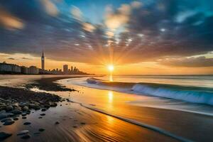 de zon sets over- de stad horizon en strand. ai-gegenereerd foto