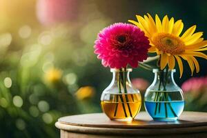 twee vazen met bloemen in hen Aan een tafel. ai-gegenereerd foto