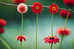 drie rood bloemen zijn Aan een Afdeling. ai-gegenereerd foto