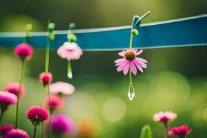 roze bloemen hangende van een Kledinglijn met water druppels. ai-gegenereerd foto